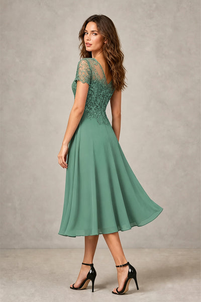 BOLODOO Steel Eucalyptus Beaded Lace Illusion Bodice Chiffon Tea-Length Dress | Mother of the Bride & Cocktail Party - Eucalyptus