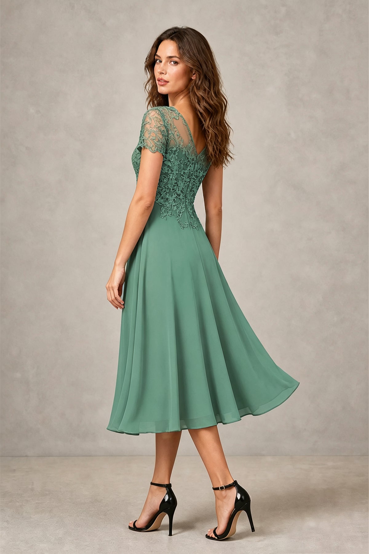BOLODOO Steel Eucalyptus Beaded Lace Illusion Bodice Chiffon Tea-Length Dress | Mother of the Bride & Cocktail Party - Eucalyptus