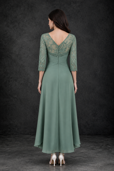 BOLODOO Eucalyptus Sequin Lace & Chiffon Tea-Length Mother of the Bride Dress with 3/4 Sleeves - Eucalyptus - Eucalyptus_2