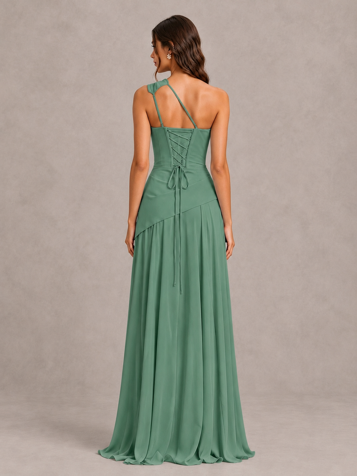 BOLODOO Eucalyptus One-Shoulder Lace-Up Back Bridesmaid Dress - Eucalyptus - Eucalyptus_2