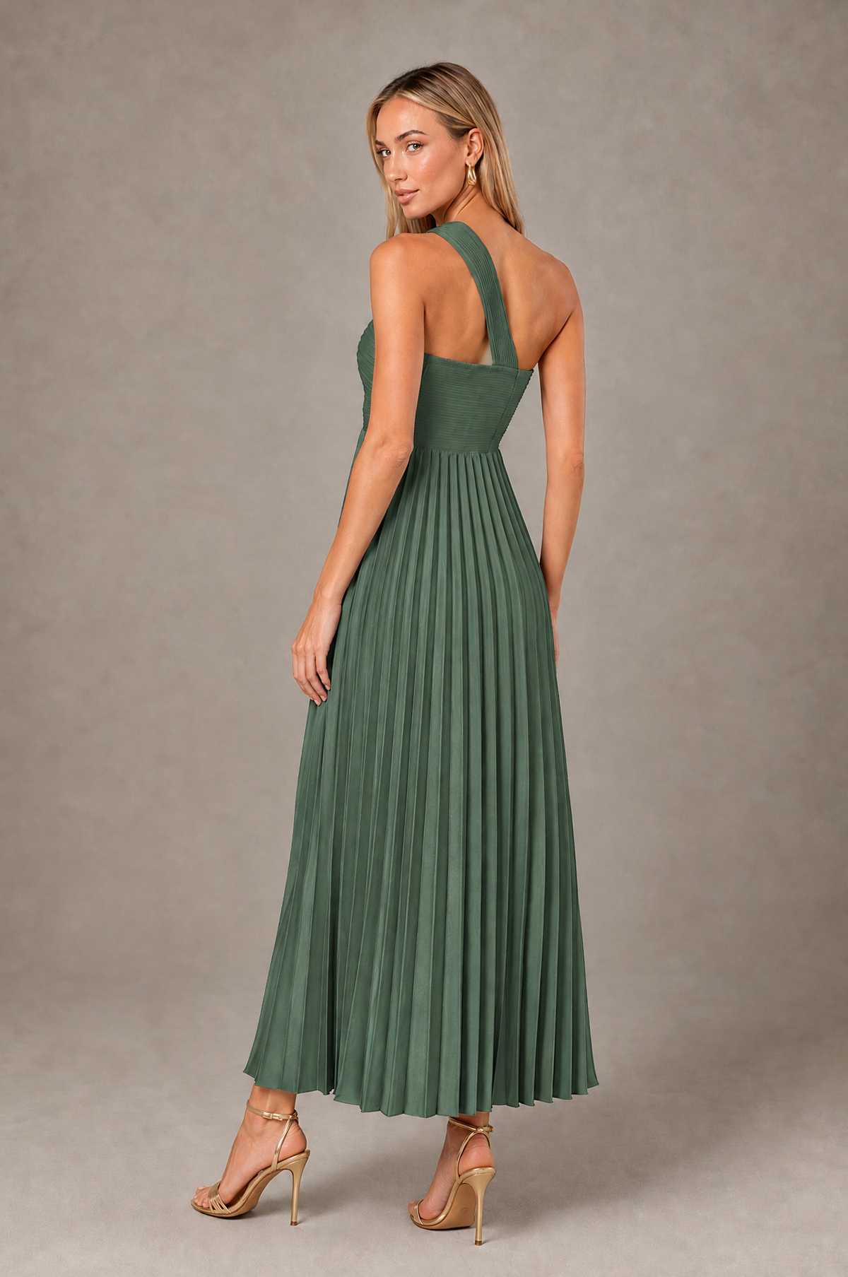 BOLODOO Eucalyptus One-Shoulder Twist Knot Pleated Satin Midi Dress with Cutout - Eucalyptus - Eucalyptus_2