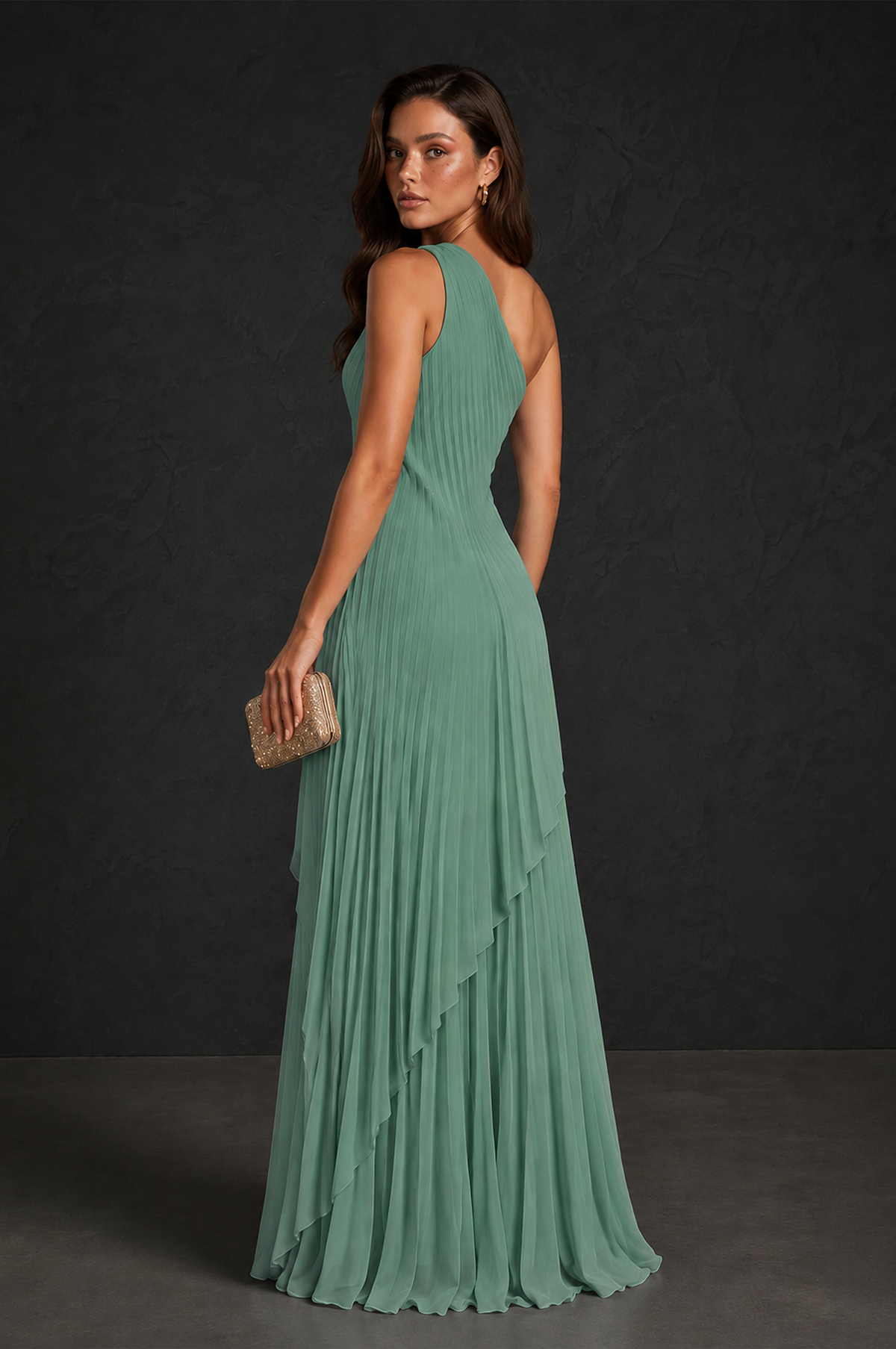 BOLODOO Eucalyptus One-Shoulder Sunburst Pleated Asymmetric Layered Overlay Accordion Pleated Chiffon Maxi Dress - Eucalyptus