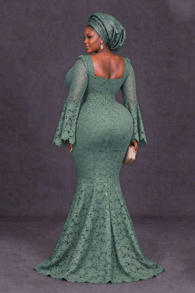 BOLODOO Eucalyptus African Lace Mermaid Dress, Plus Size Nigerian Wedding Guest Gown with Bell Sleeves - Eucalyptus - Eucalyptus_2