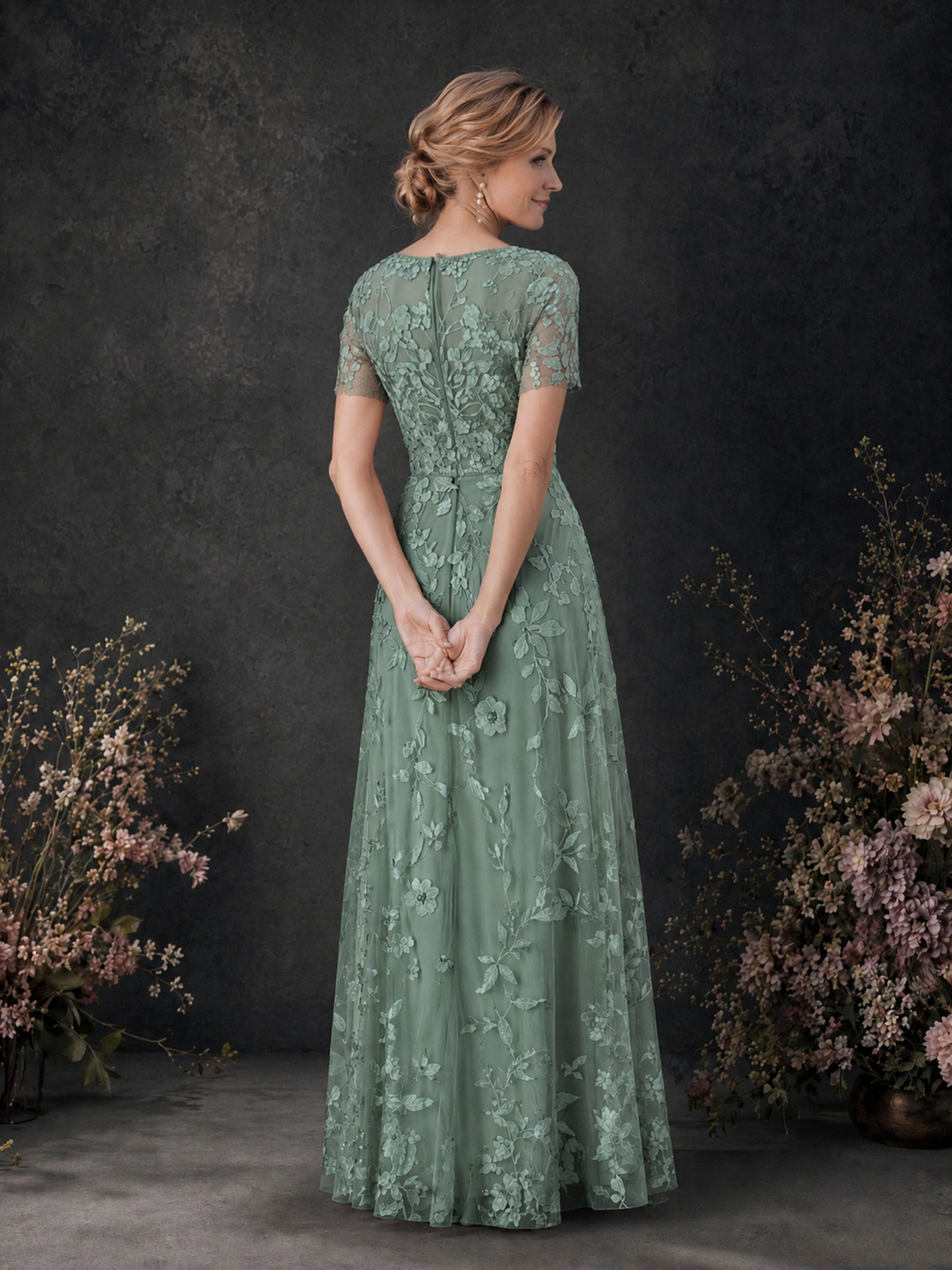 BOLODOO Eucalyptus 3D Floral Embroidered Lace V-Neck Short Sleeve A-Line Maxi Dress - Eucalyptus