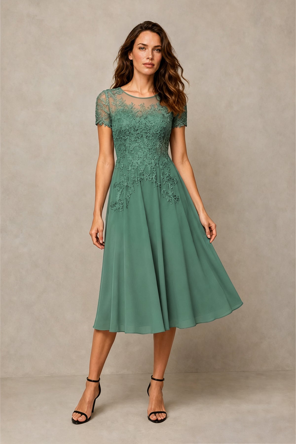 BOLODOO Steel Eucalyptus Beaded Lace Illusion Bodice Chiffon Tea-Length Dress | Mother of the Bride & Cocktail Party - Eucalyptus