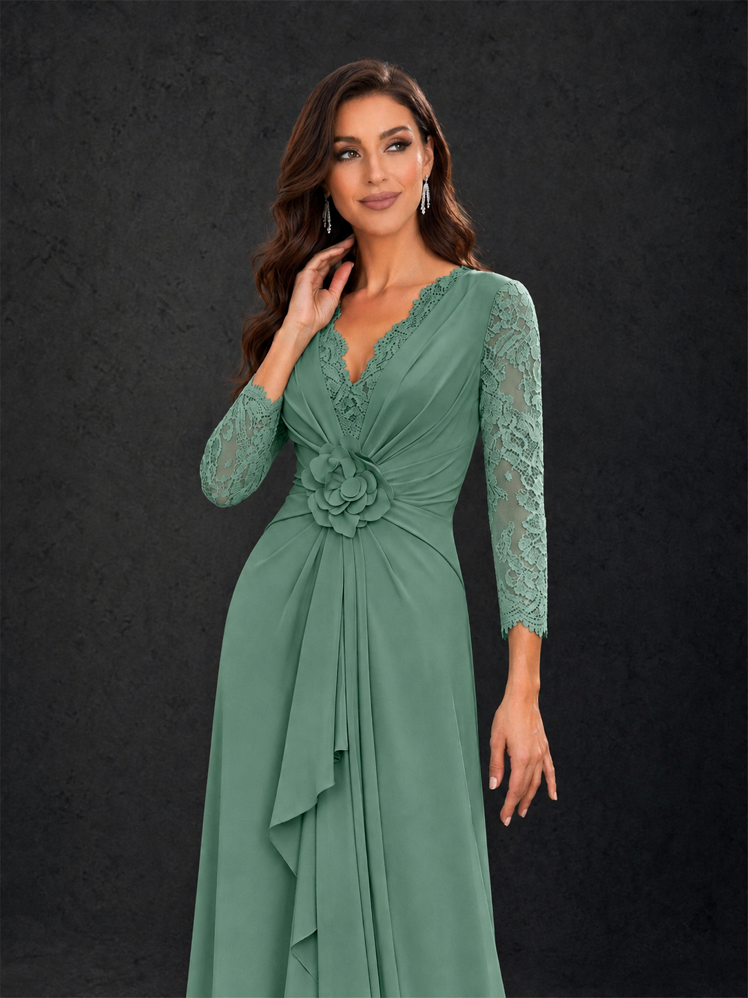 BOLODOO Eucalyptus Lace Sleeve V-Neck Floral Waist Chiffon A-Line Maxi Dress - Eucalyptus