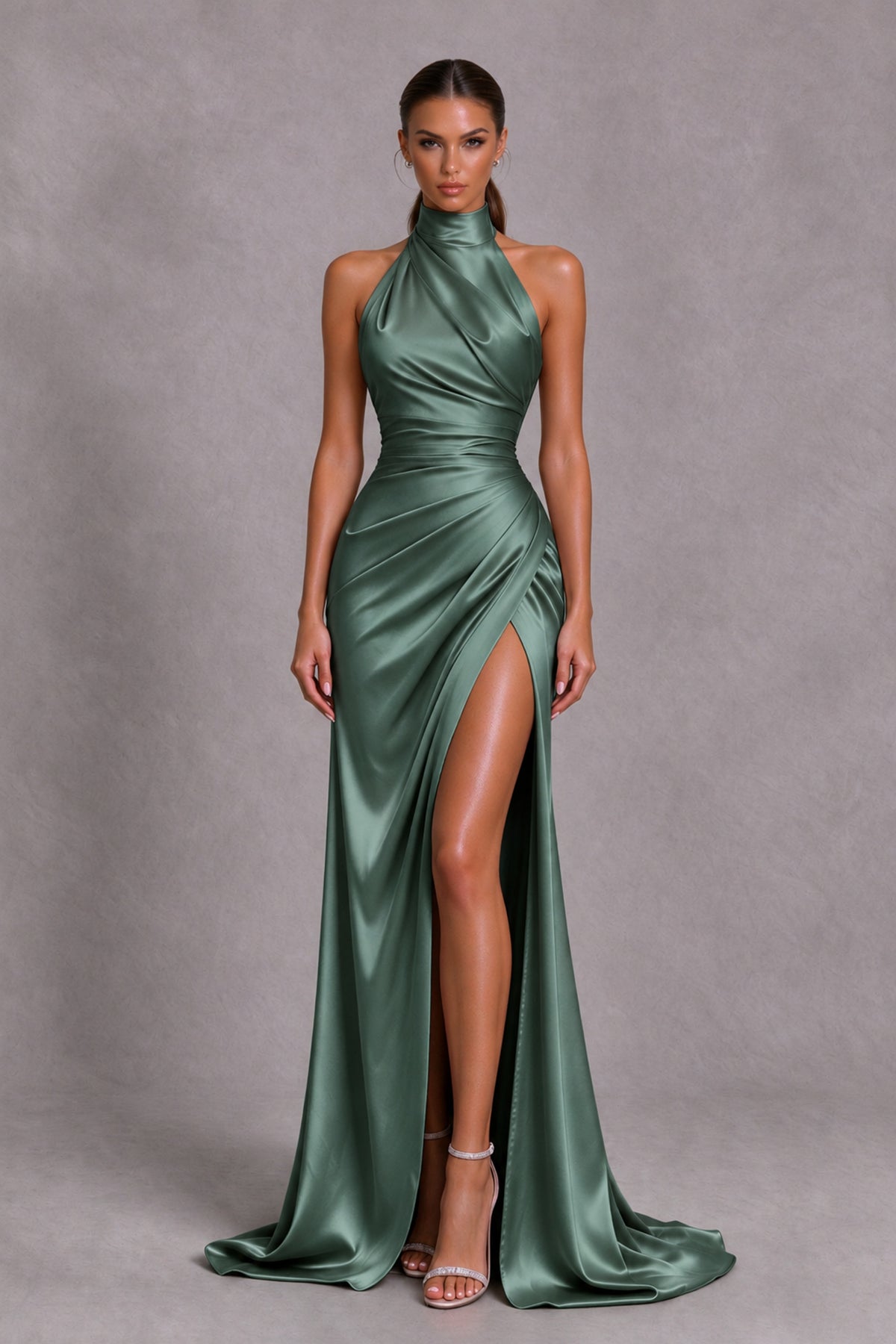 BOLODOO Eucalyptus Halter Satin-Look Evening Gown with High Slit - Eucalyptus - Eucalyptus_3