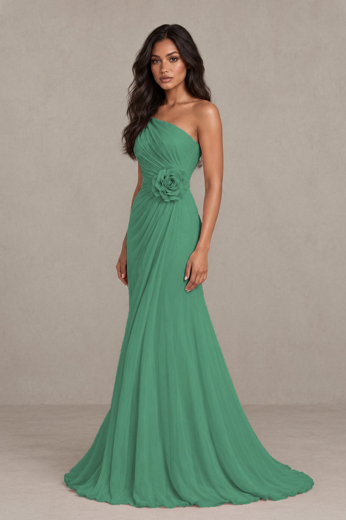 BOLODOO Eucalyptus One-Shoulder Floral Ruched Maxi Dress - Eucalyptus