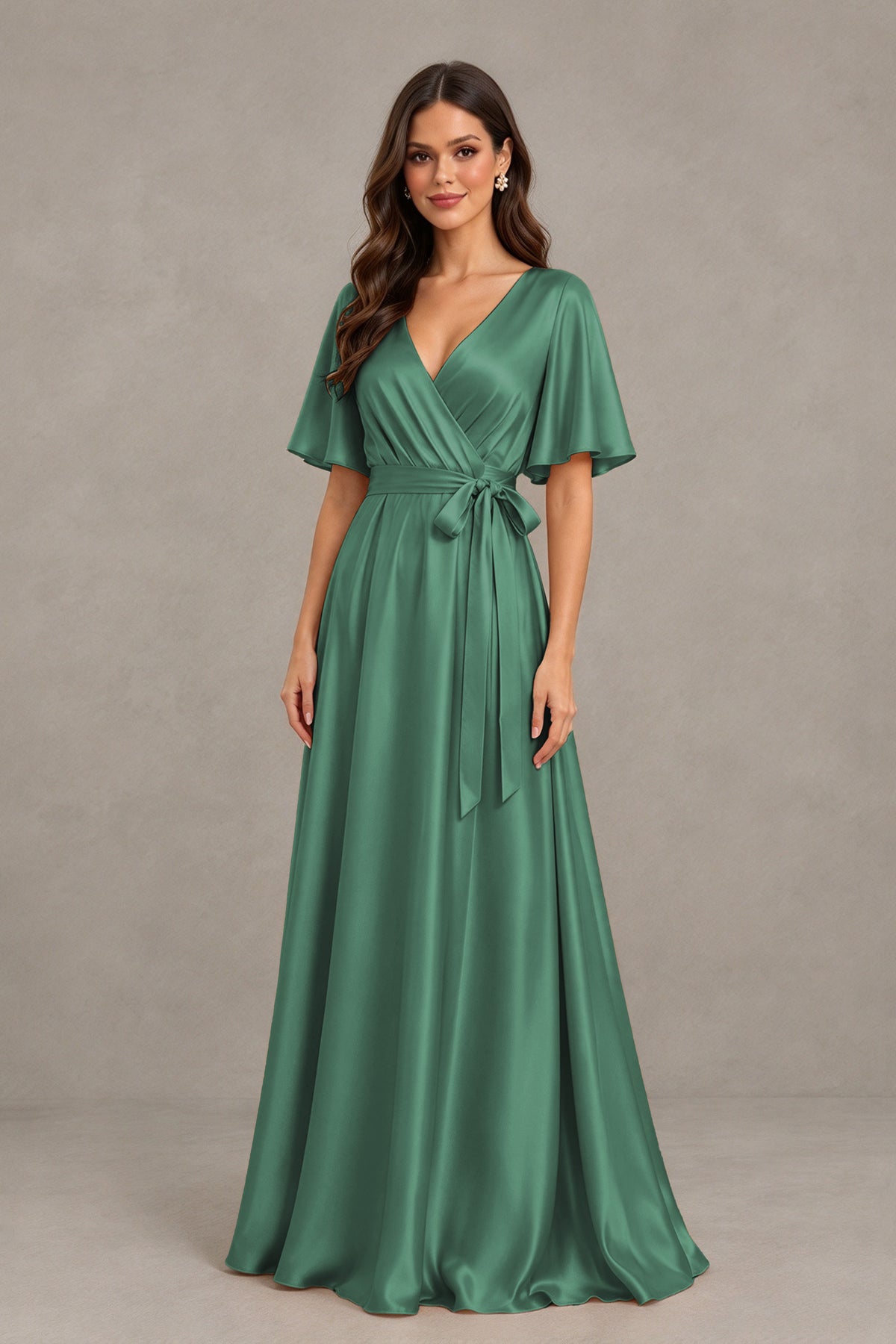 BOLODOO Eucalyptus Satin V-Neck Flutter Sleeve Bridesmaid Dress with Slit - Eucalyptus - Eucalyptus(3)