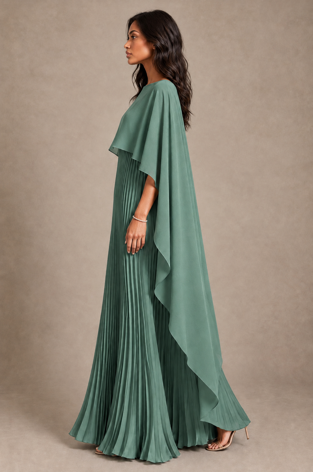 BOLODOO Eucalyptus Pleated Cape A-Line Evening Dress - Eucalyptus - Eucalyptus_3