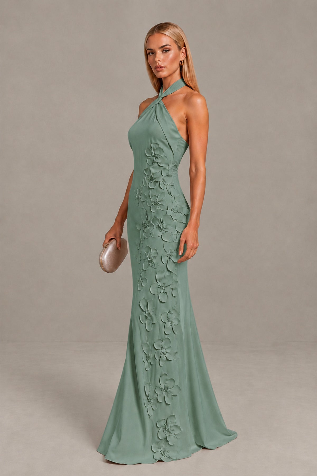 BOLODOO Eucalyptus Cross Halter Neck 3D Floral Appliqué Backless Mermaid Maxi Gown - Eucalyptus - Eucalyptus_3