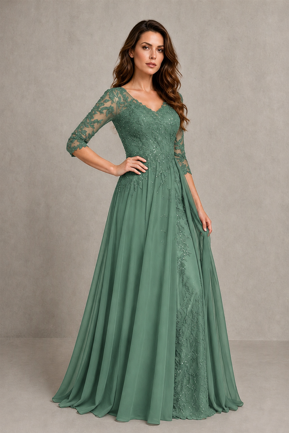 BOLODOO Midnight Eucalyptus Beaded Lace Appliqué Chiffon A-Line Gown | Mother of the Bride & Formal Evening Dress - Eucalyptus - Eucalyptus_3