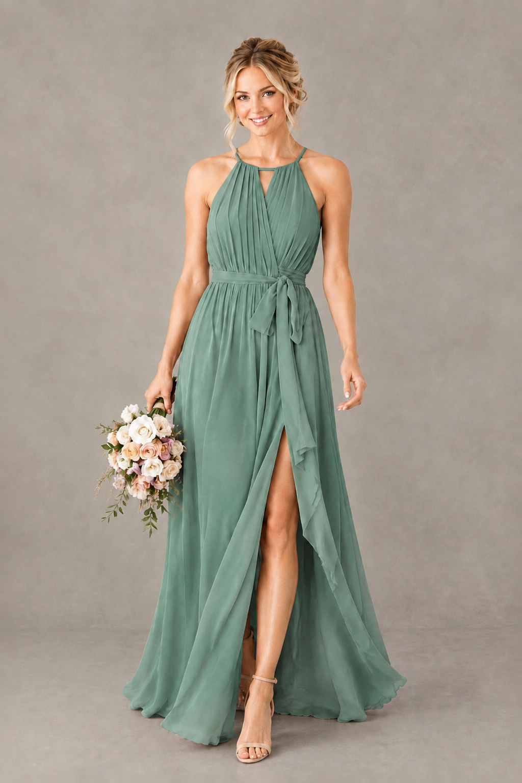 BOLODOO Eucalyptus Halter Chiffon Bridesmaid Dress with High Slit - Eucalyptus