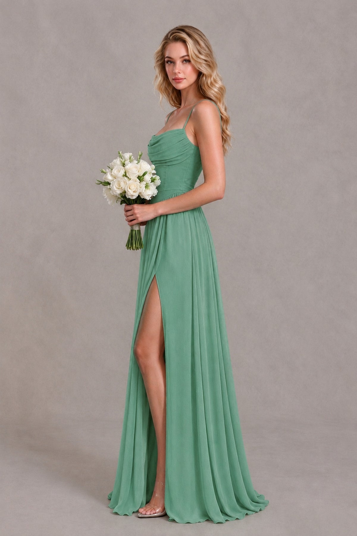 BOLODOO Eucalyptus Spaghetti Strap A-Line Bridesmaid Dress with Slit - Eucalyptus - Eucalyptus_3
