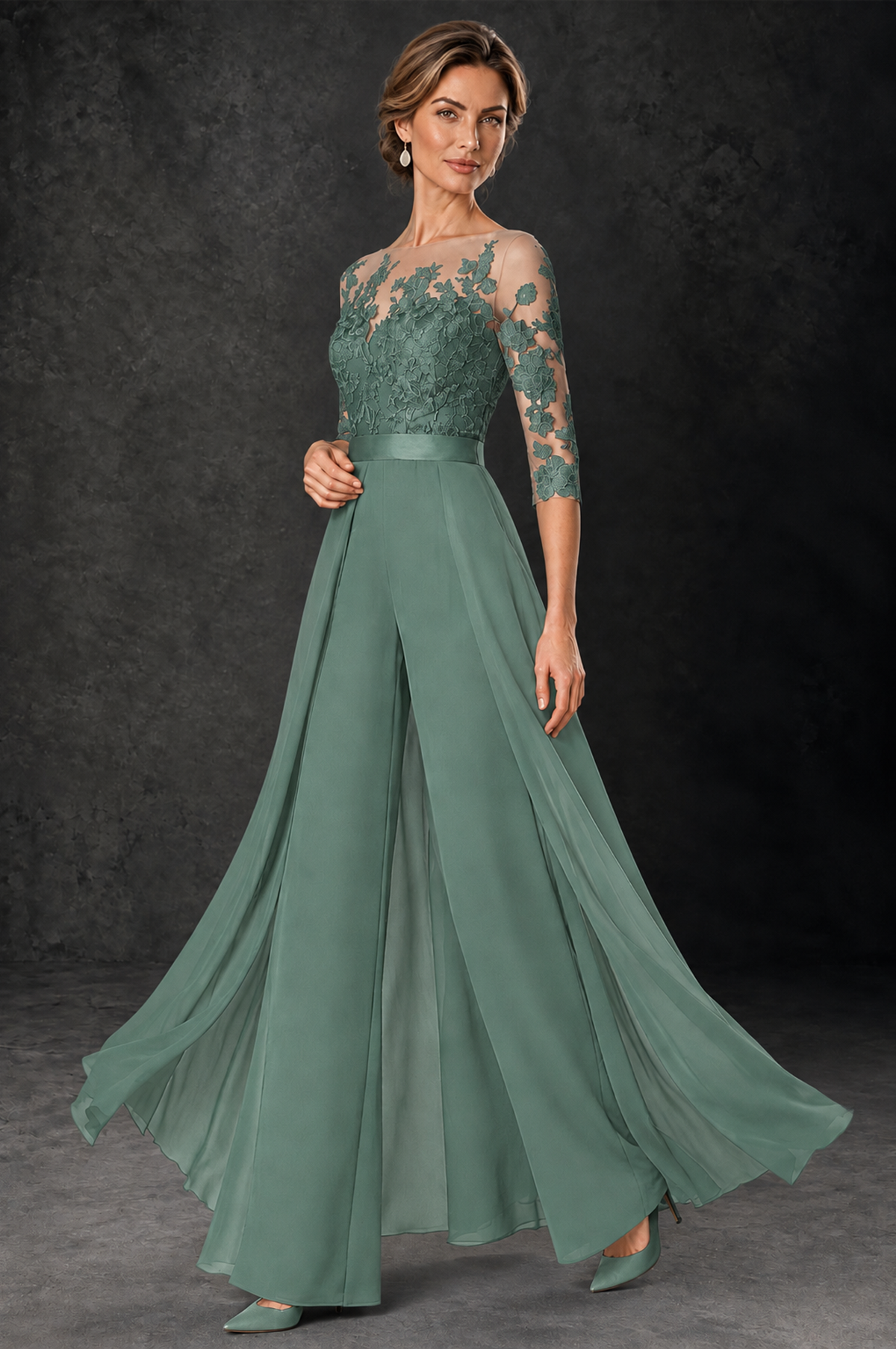 BOLODOO Eucalyptus Lace Wide-Leg Jumpsuit with Three-Quarter Sleeves - Eucalyptus - Eucalyptus_3