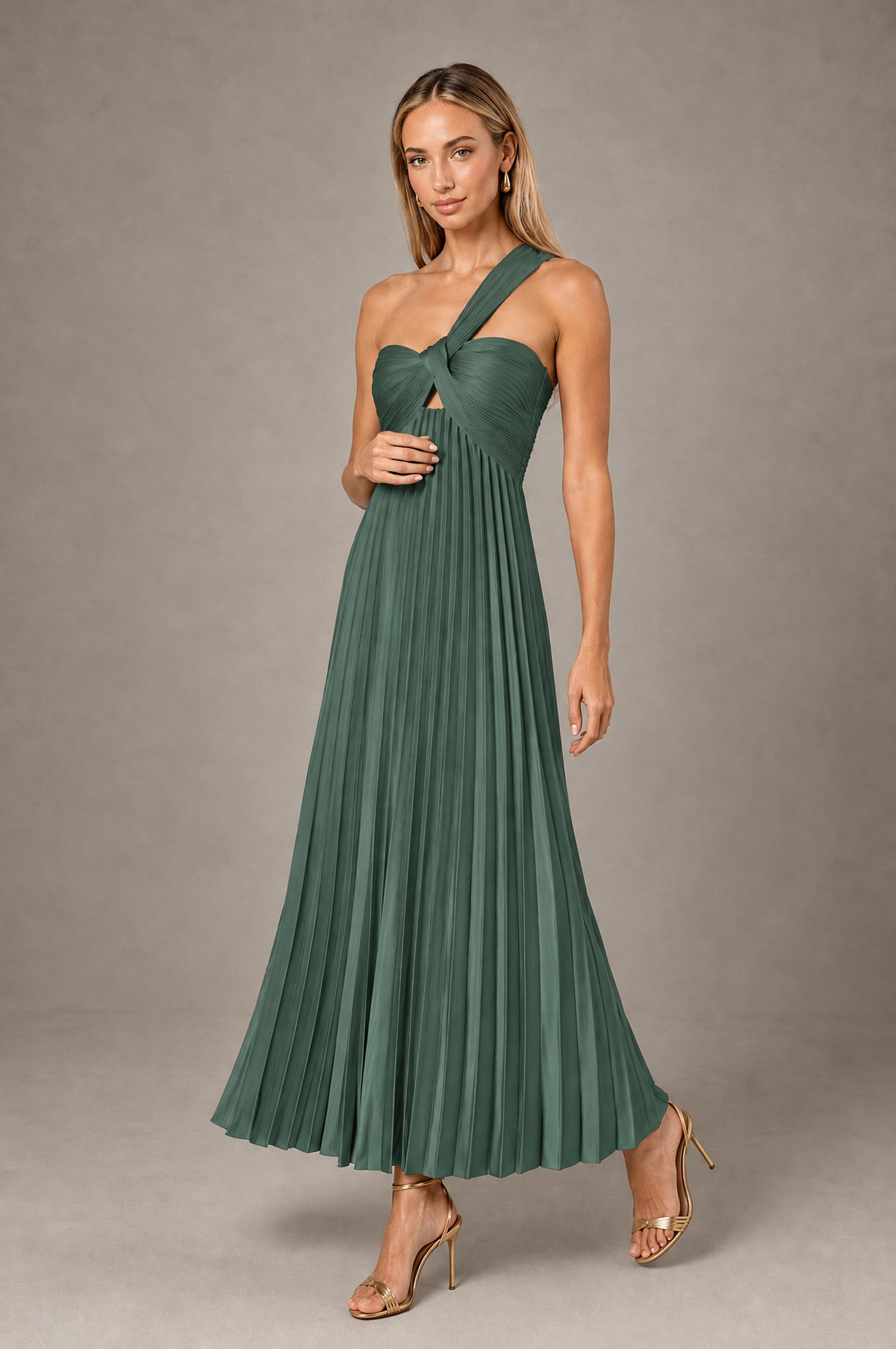 BOLODOO Eucalyptus One-Shoulder Twist Knot Pleated Satin Midi Dress with Cutout - Eucalyptus - Eucalyptus_3