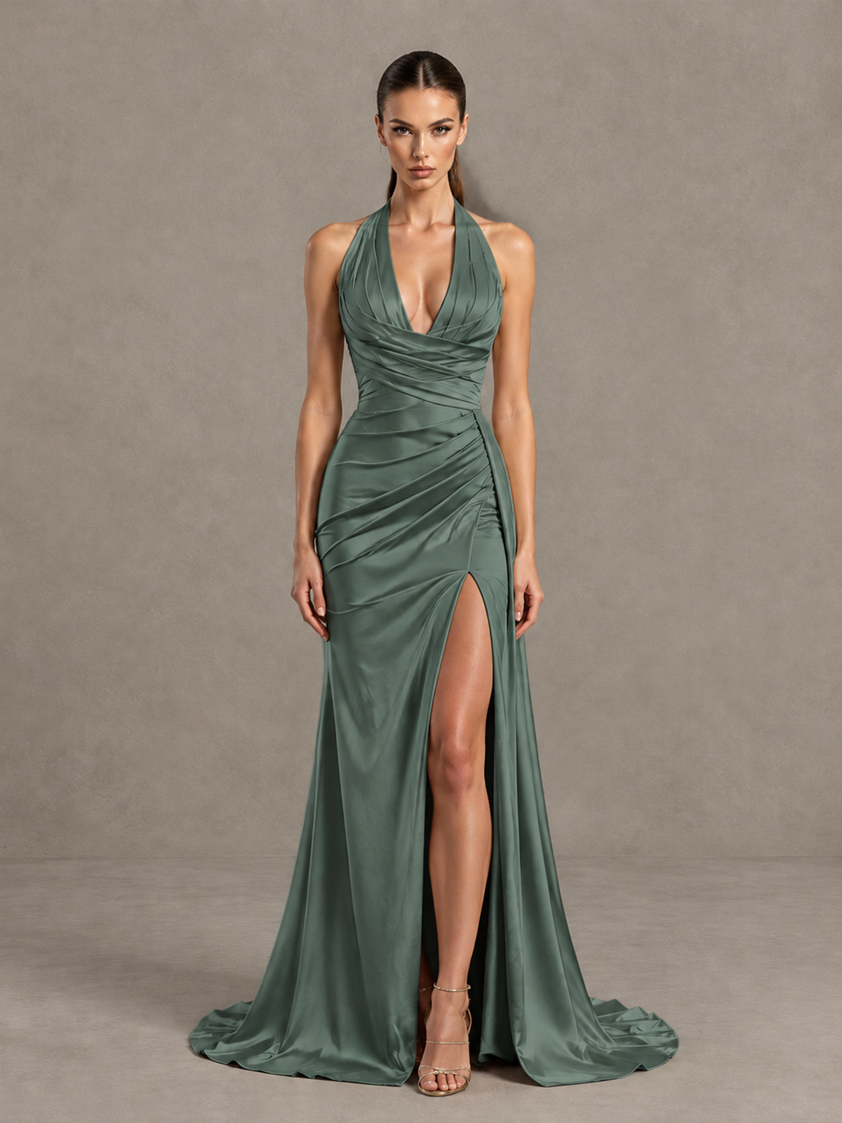 BOLODOO Eucalyptus Halter Satin Evening & Prom Dress with High Slit - Eucalyptus - Eucalyptus_3