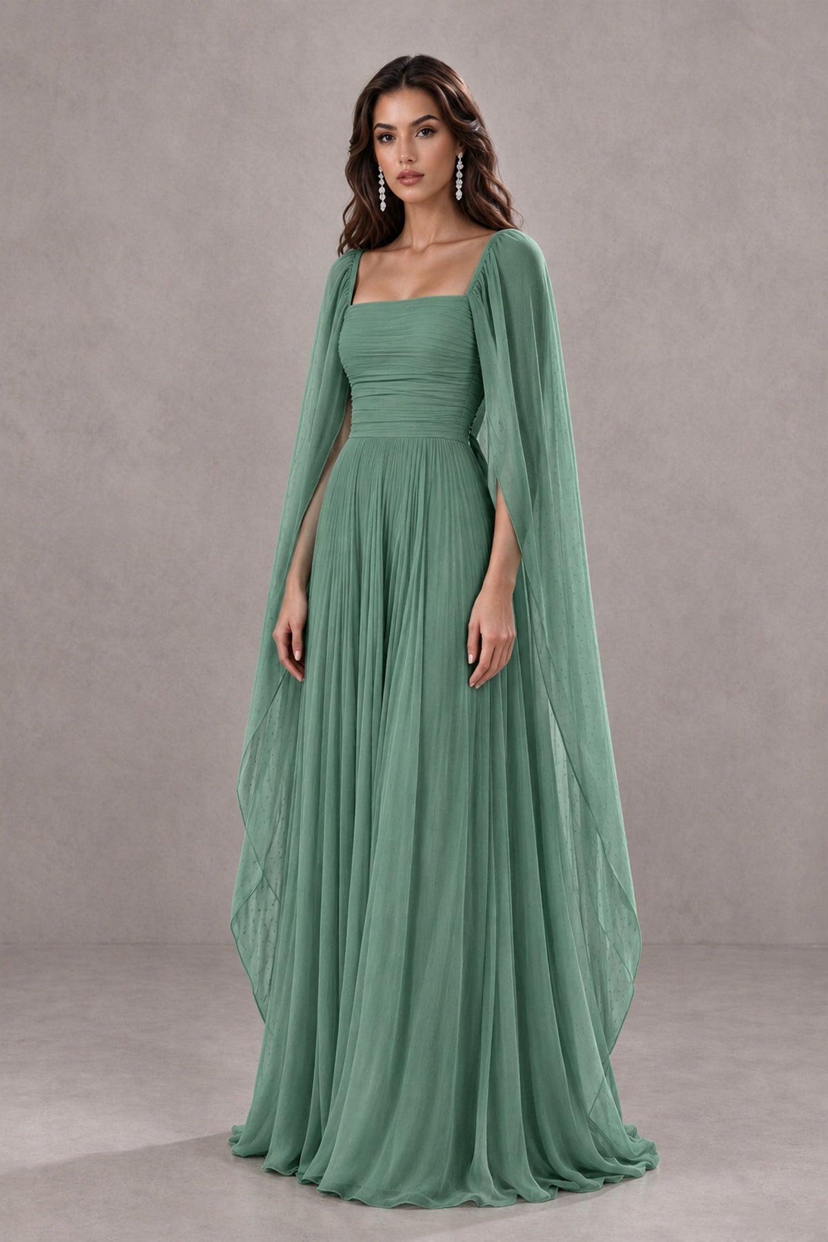 BOLODOO Eucalyptus Square Neck Cape Sleeve A-Line Evening Dress - Eucalyptus - Eucalyptus_3