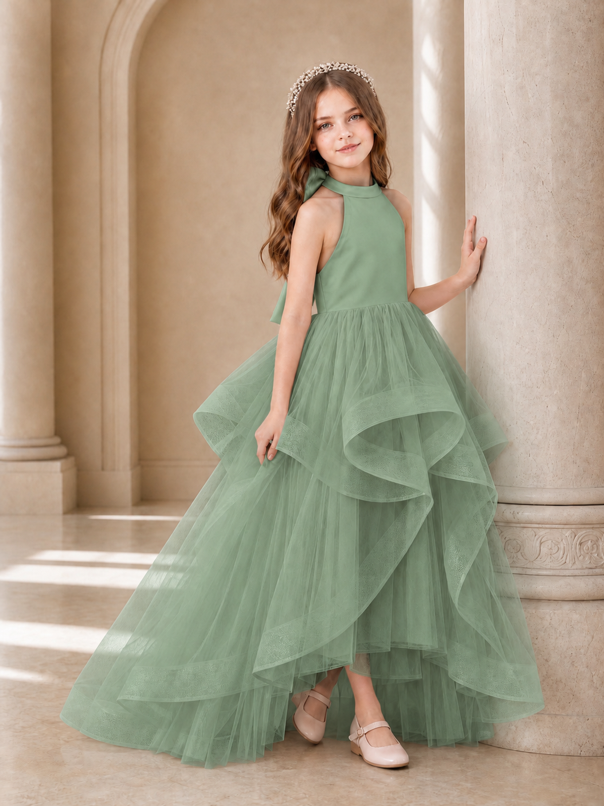 BOLODOO Eucalyptus Halter Tiered Tulle Flower Girl Dress with Bow Back - Eucalyptus - Eucalyptus_3