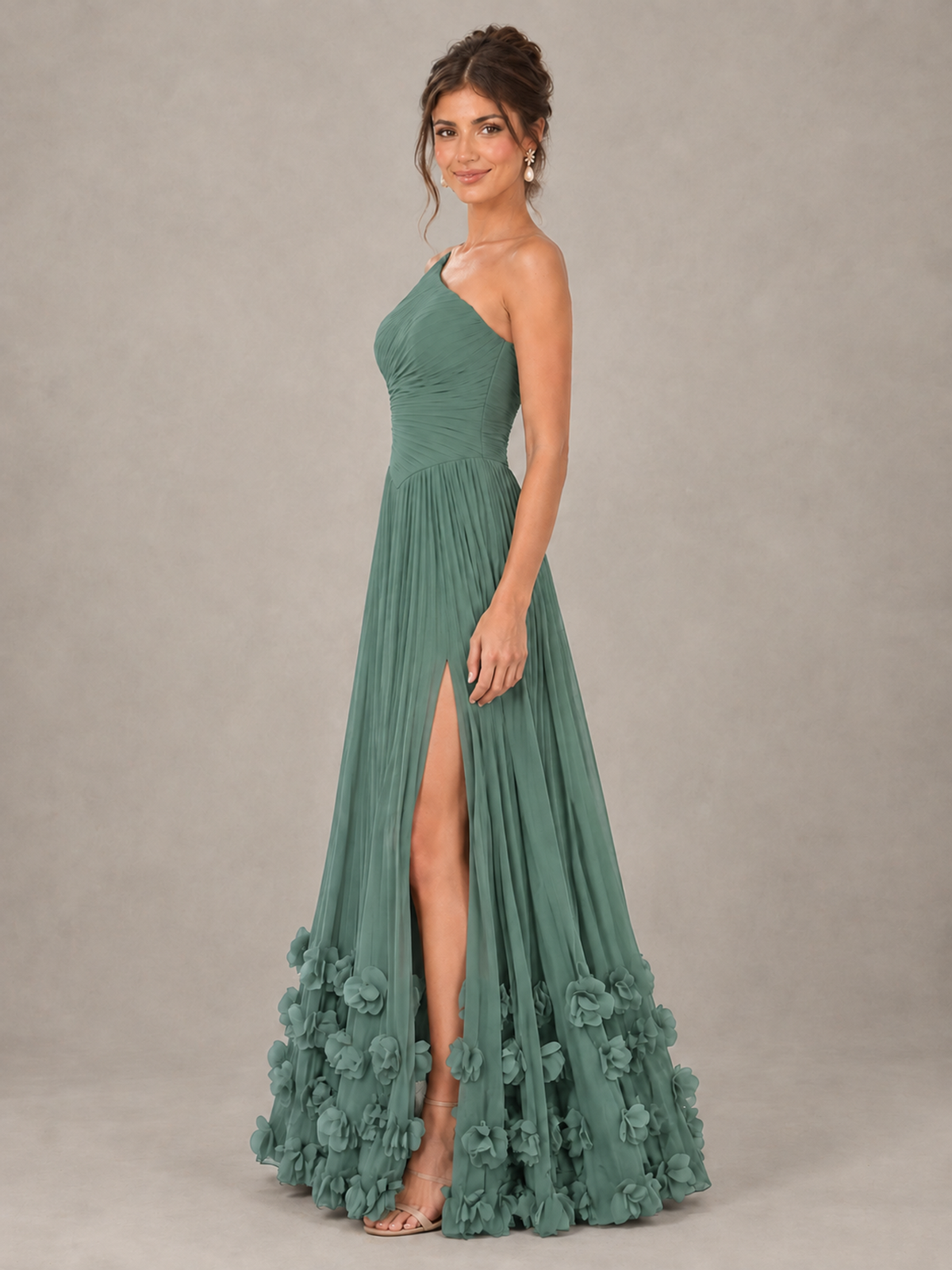 BOLODOO Eucalyptus One-Shoulder Pleated Bridesmaid Dress with 3D Floral Hem - Eucalyptus - Eucalyptus_3