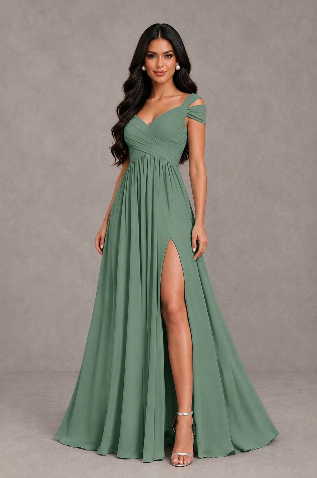 BOLODOO Eucalyptus Cold Shoulder Chiffon Evening Dress with V Neck and High Slit - Eucalyptus - Eucalyptus_3
