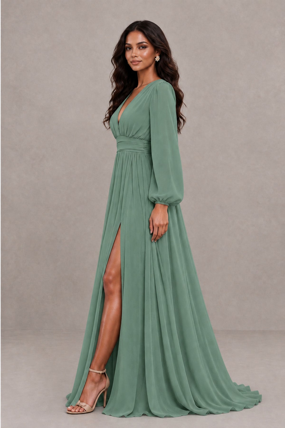 BOLODOO Eucalyptus Long Sleeve V-Neck A-Line Gown with Open Back & Slit - Eucalyptus - Eucalyptus_3