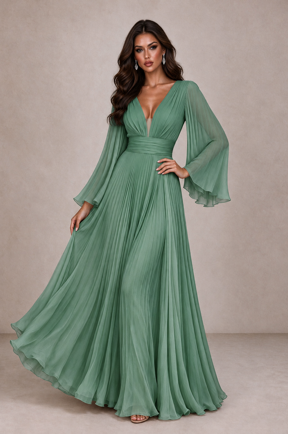 BOLODOO Eucalyptus Pleated Deep V-Neck Long Bell Sleeve Evening Dress - Eucalyptus - Eucalyptus_3