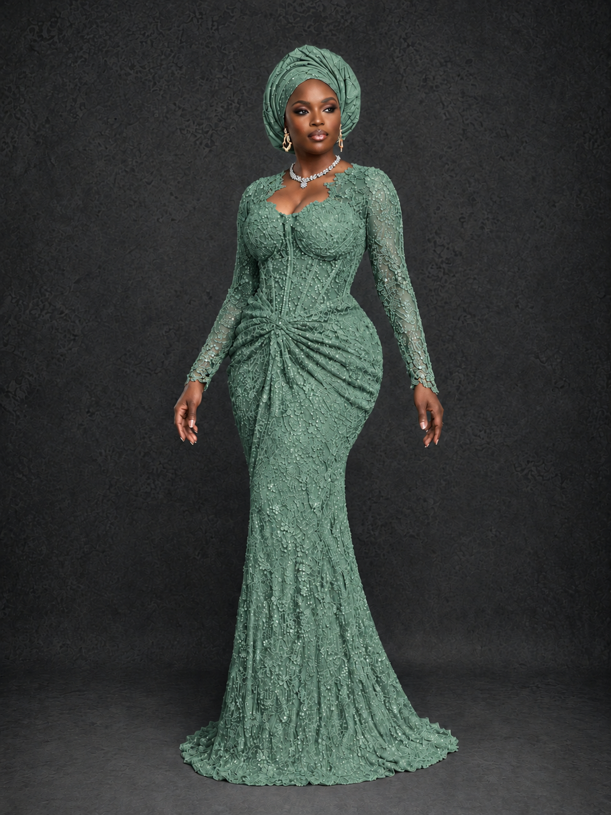 BOLODOO Eucalyptus Beaded Lace Long Sleeve Mermaid Gown Sweetheart | Mother of the Bride - Eucalyptus - Eucalyptus_3