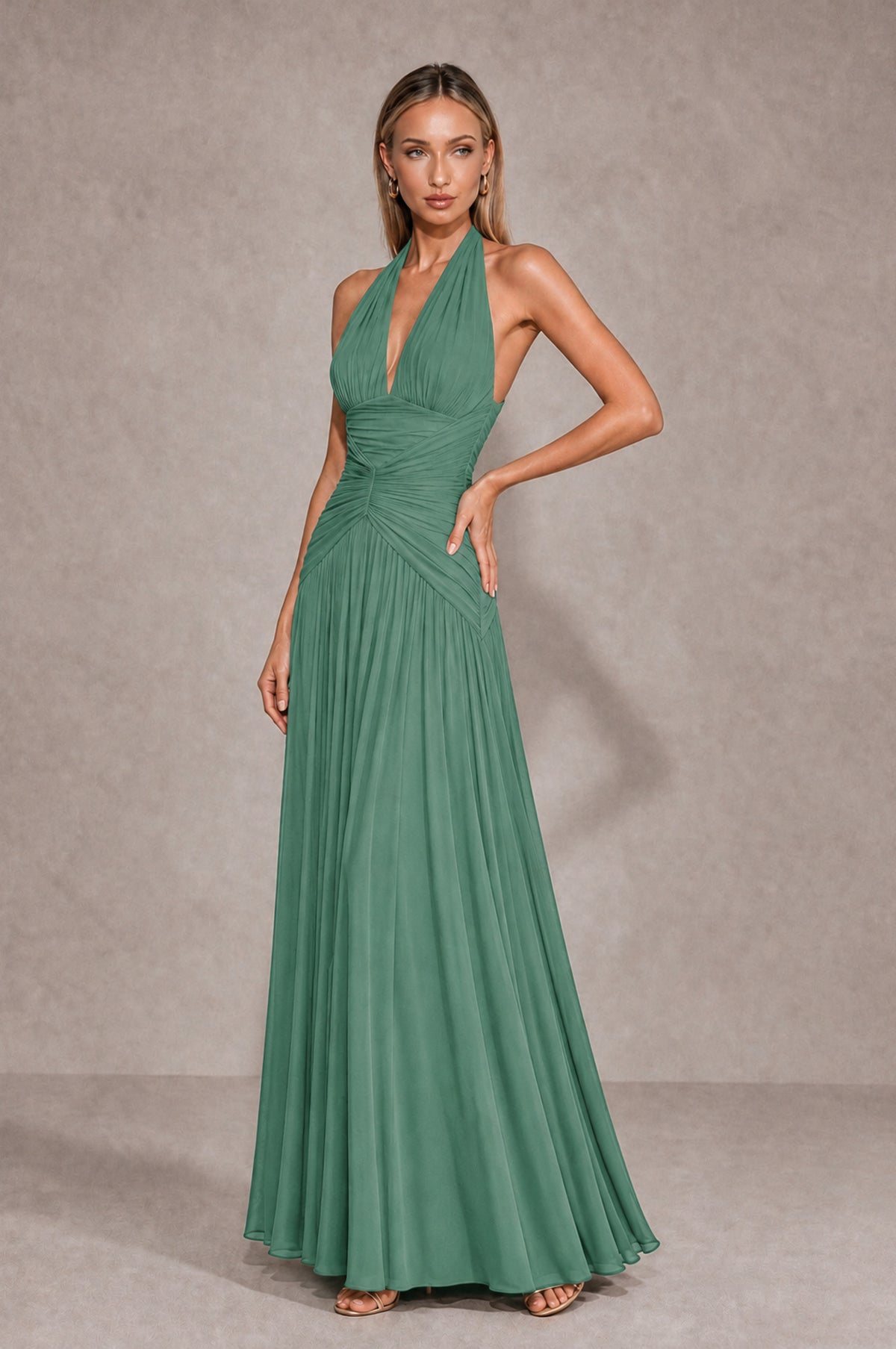 BOLODOO Eucalyptus Chiffon Halter Deep V-Neck Ruched A-Line Backless Maxi Dress with Train-BD0167 - Eucalyptus - Eucalyptus_3