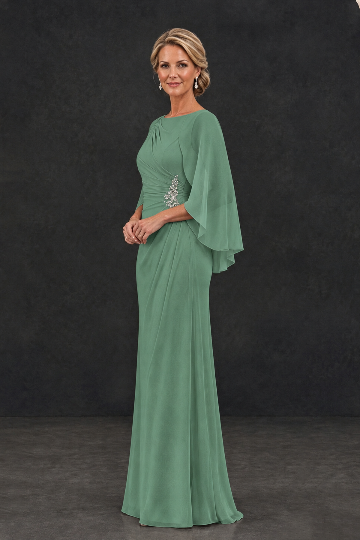 BOLODOO Eucalyptus Cape Sleeve Mother of the Bride Dress with Ruched Waist - Eucalyptus - Eucalyptus_3
