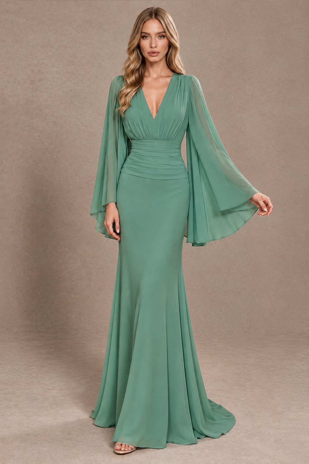 BOLODOO Eucalyptus Cape Sleeve V-Neck Ruched Chiffon Evening Dress - Eucalyptus - Eucalyptus_3