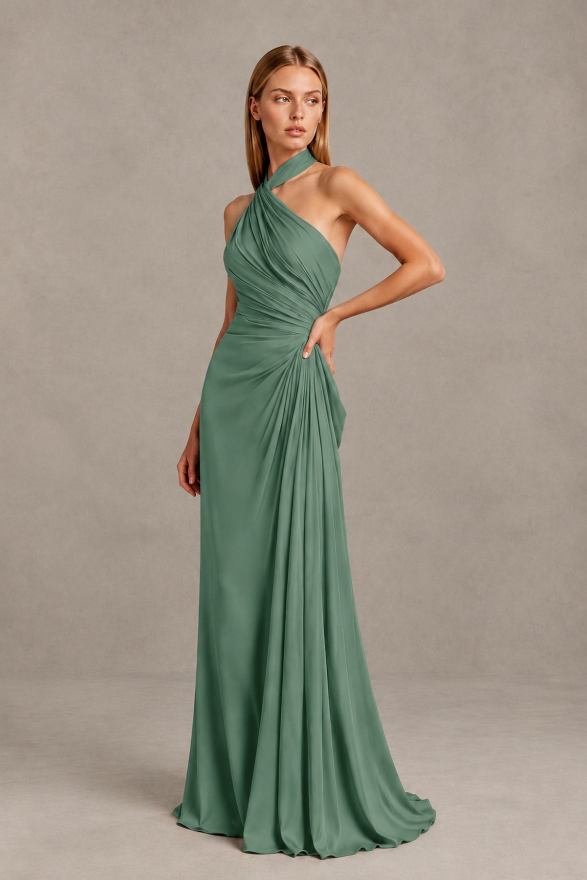 BOLODOO Eucalyptus Twisted Halter Neck Ruched Sleeveless Open Back Floor-Length Gown - Eucalyptus - Eucalyptus_3