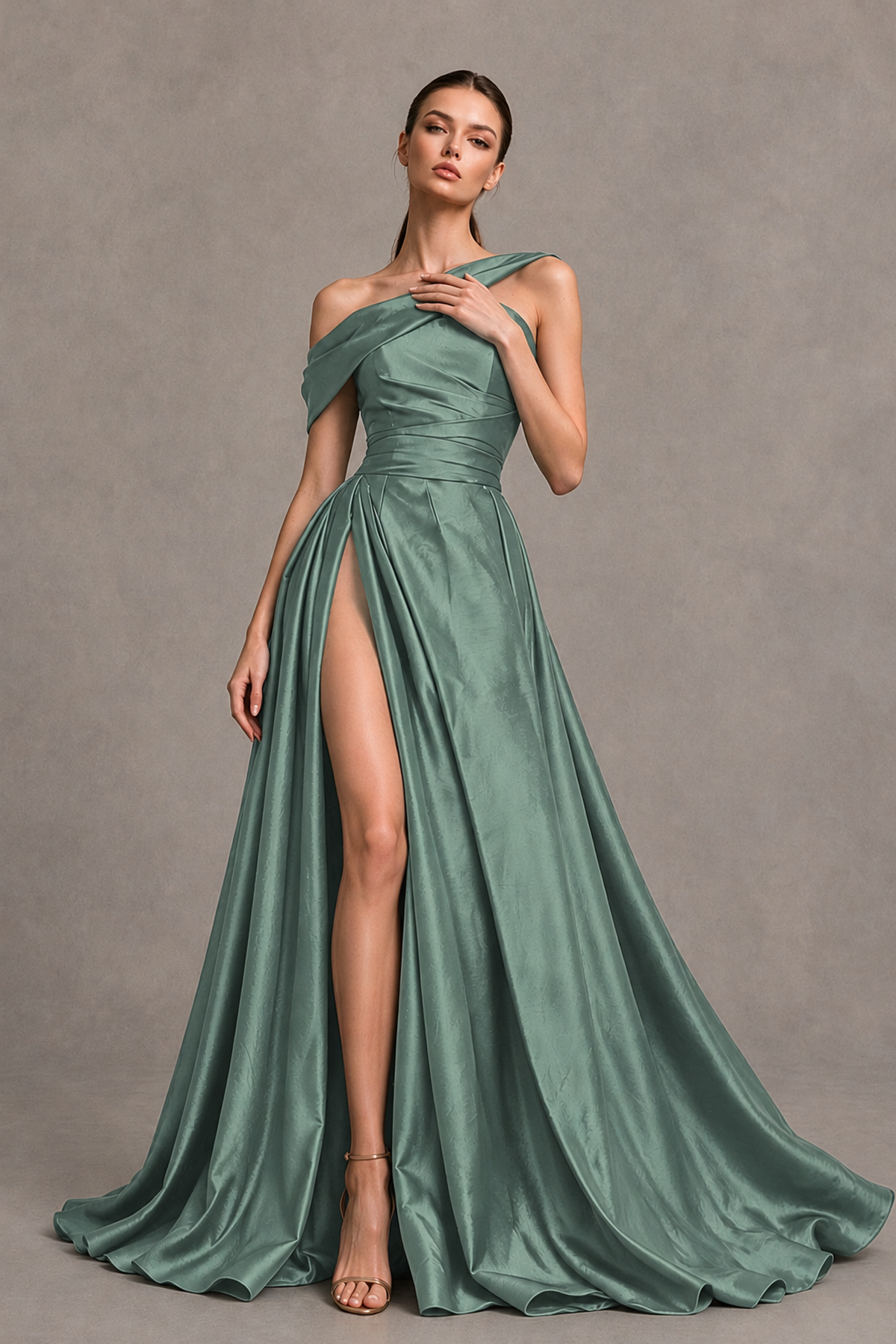 BOLODOO Eucalyptus Asymmetric Satin-Look A-Line Prom Dress with High Slit - Eucalyptus - Eucalyptus_3