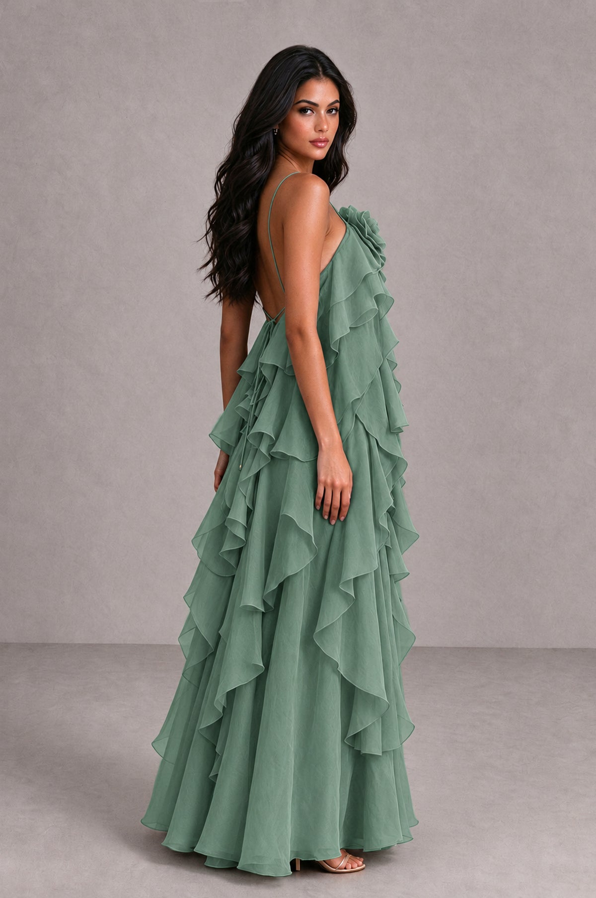 BOLODOO Eucalyptus Cascading Ruffle Rosette Open-Back Maxi Dress - Eucalyptus - Eucalyptus_3