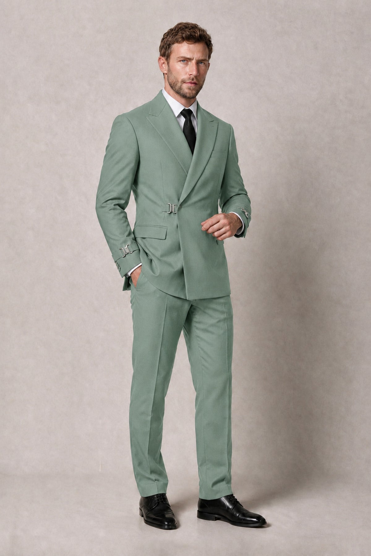 BOLODOO Men's Eucalyptus Double-Breasted 2-Piece Suit Set – Blazer & Tailored Trousers - Eucalyptus