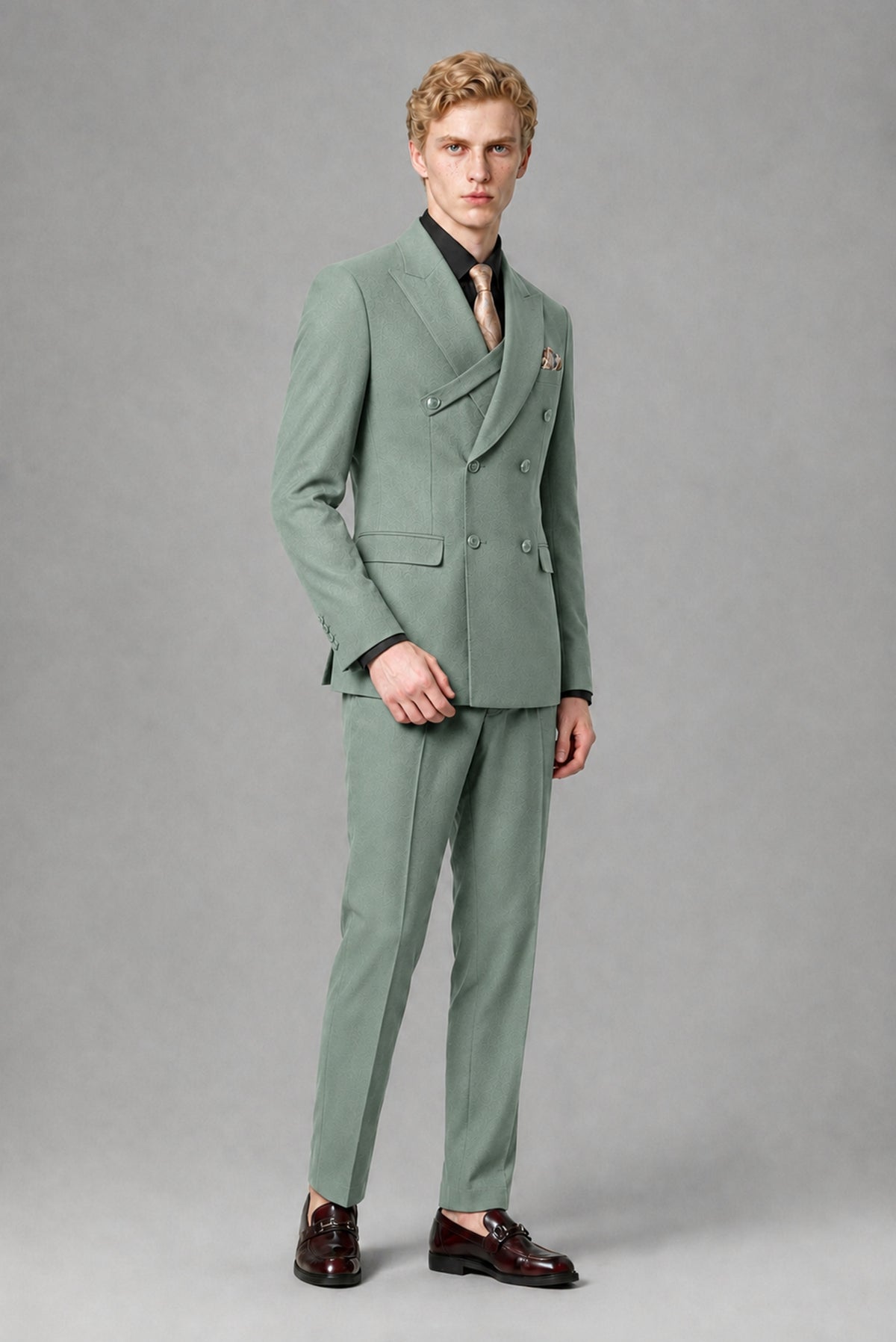 BOLODOO Men's Eucalyptus Double-Breasted Two-Piece Suit – Jacket & Trousers - Eucalyptus