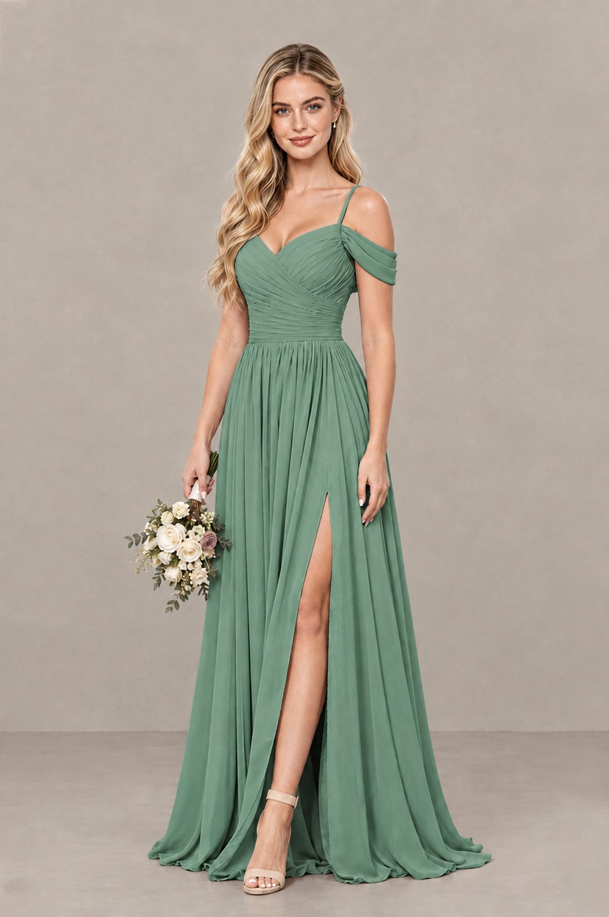 BOLODOO Eucalyptus Off-Shoulder Bridesmaid Dress with Slit - Eucalyptus