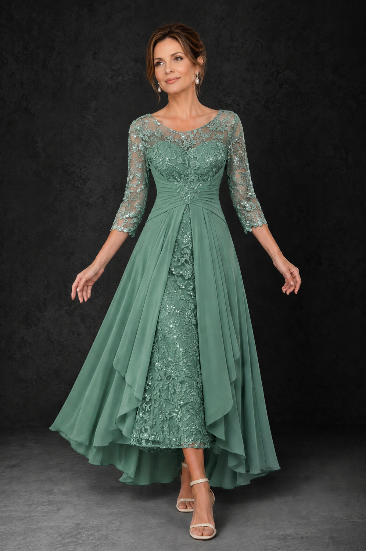 BOLODOO Eucalyptus Sequin Lace & Chiffon Tea-Length Mother of the Bride Dress with 3/4 Sleeves - Eucalyptus