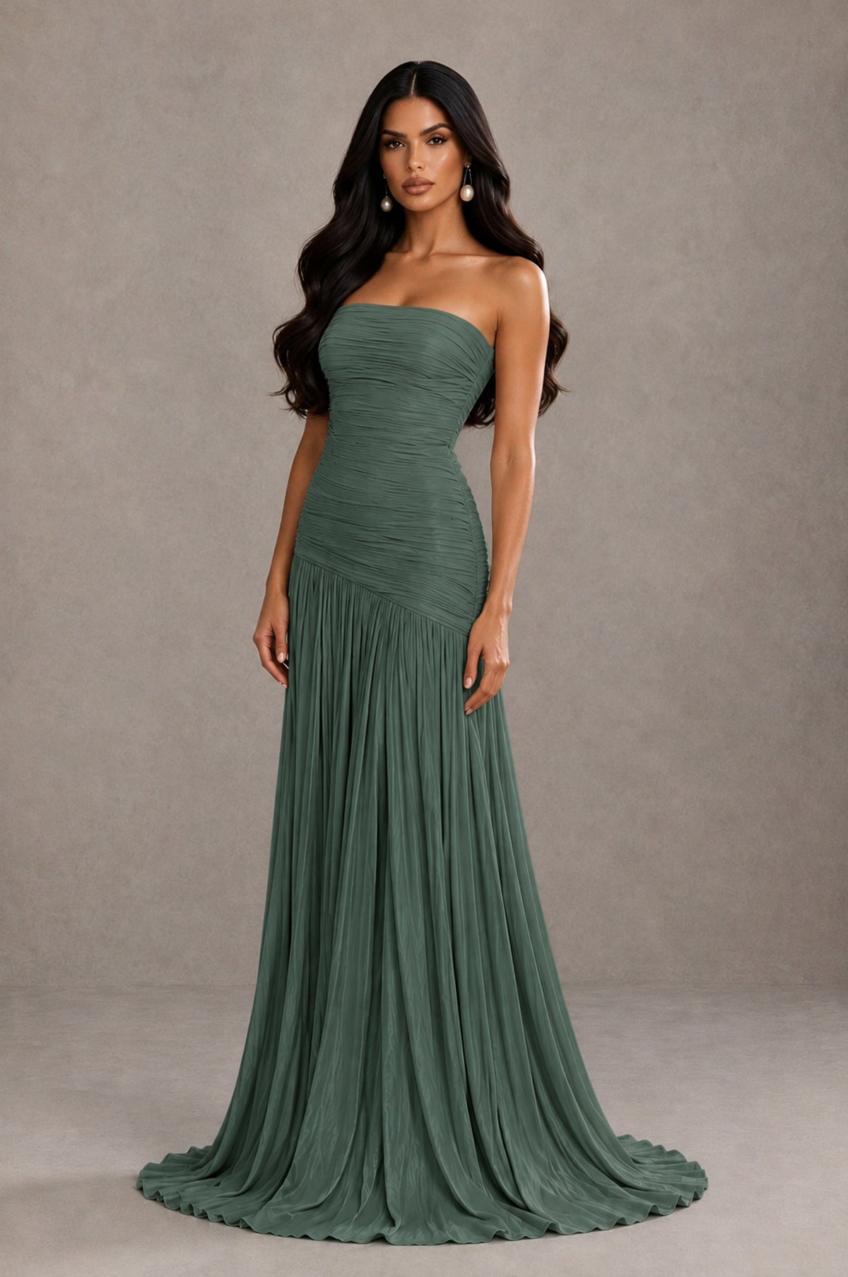 BOLODOO Eucalyptus Metallic Ruched Strapless Pleated A-Line Backless Maxi Dress with Train - Eucalyptus - Eucalyptus_3