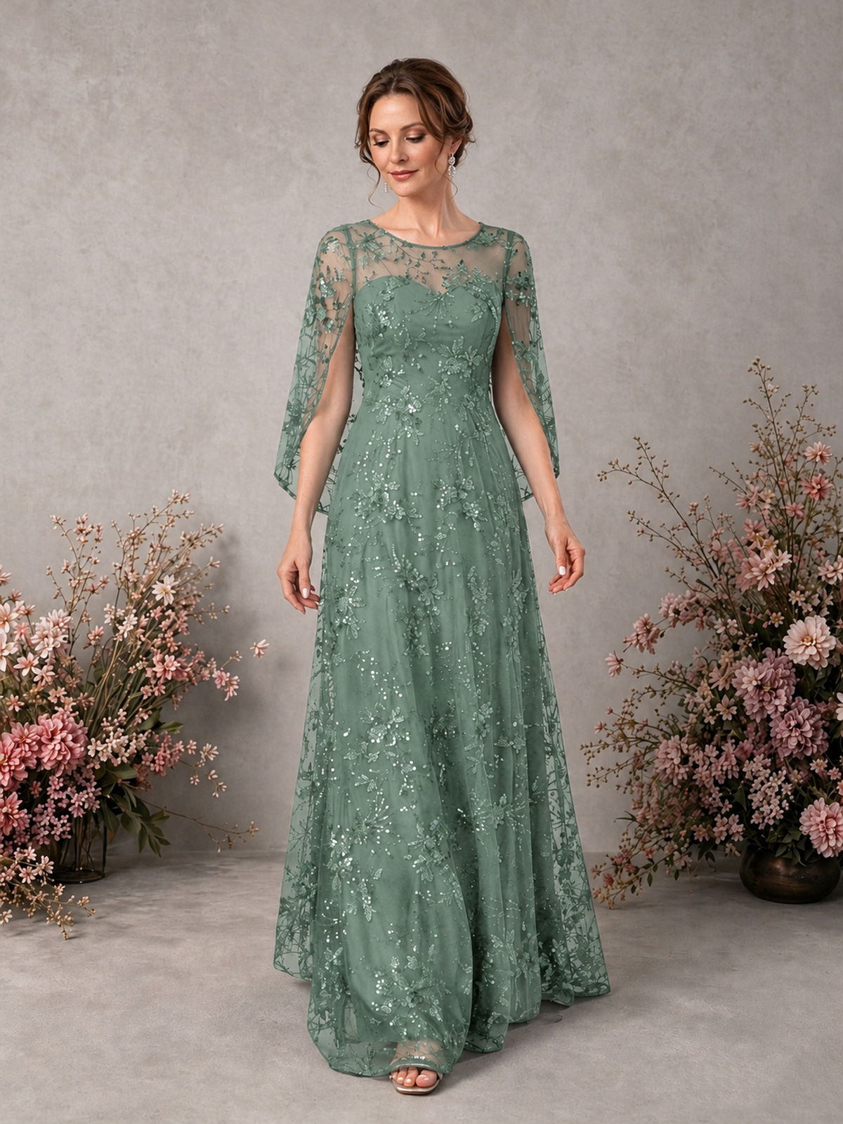 BOLODOO Eucalyptus Sequin Lace Cape Sleeve Formal Evening Gown - Eucalyptus - Eucalyptus_3