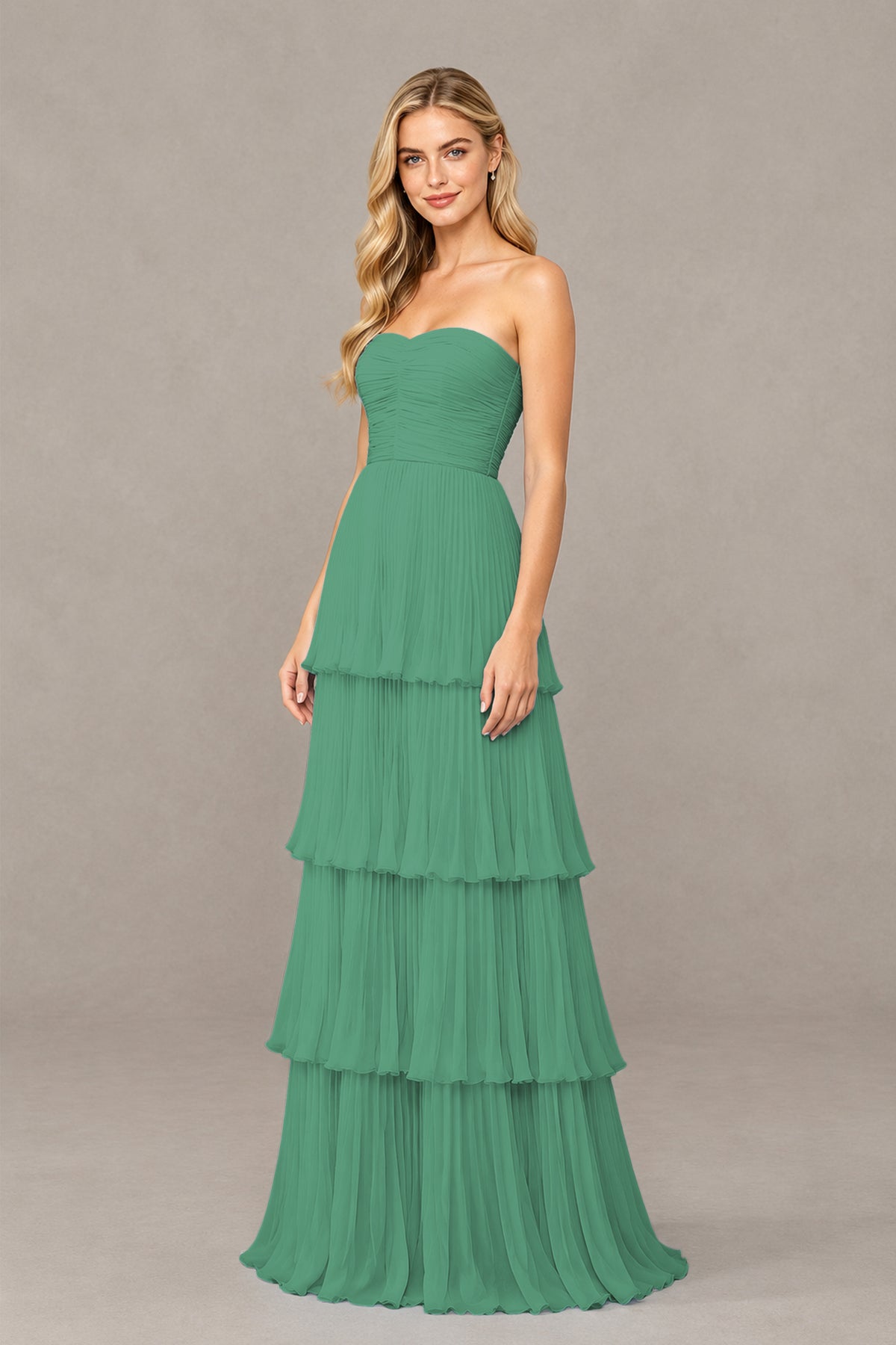 BOLODOO Eucalyptus Strapless Tiered Chiffon Maxi Dress - Eucalyptus