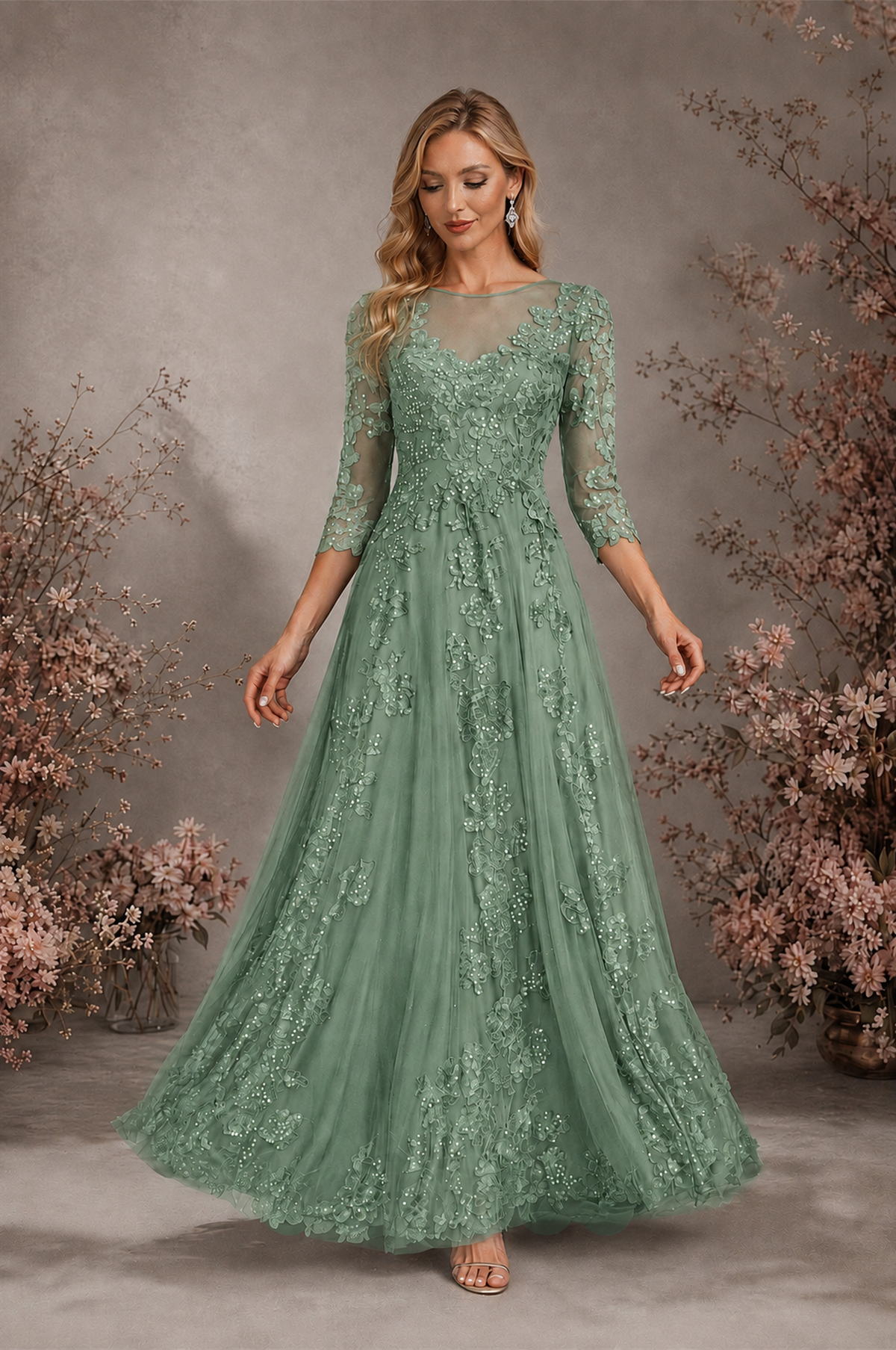 BOLODOO Eucalyptus Sequin Lace 3/4 Sleeve Open Back Formal Evening Gown - Eucalyptus