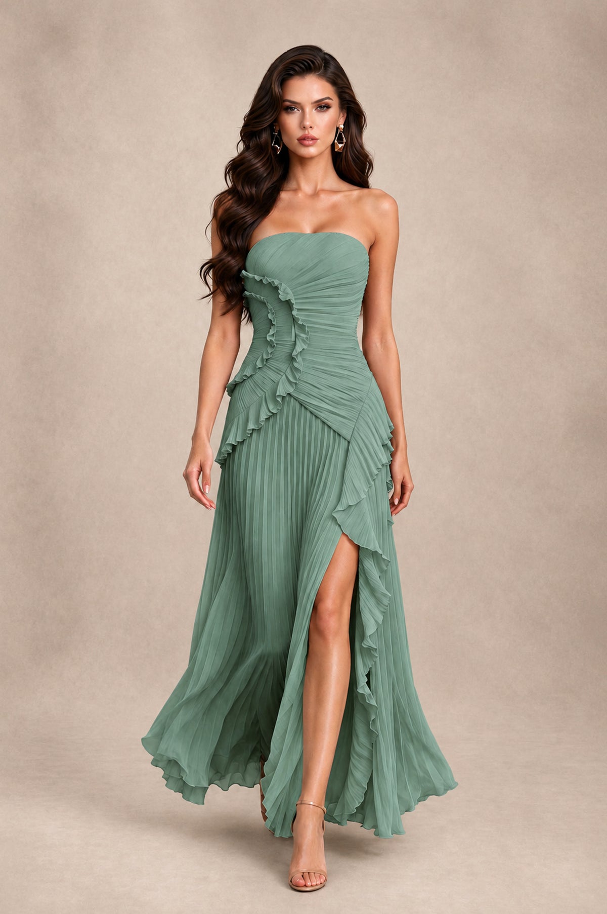 BOLODOO Eucalyptus Strapless Ruffle Pleated Slit Evening Gown - Eucalyptus - Eucalyptus_3