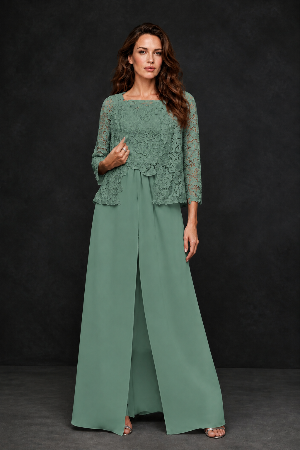 BOLODOO Eucalyptus Grey Lace Peplum Top & Wide-Leg Chiffon Pants Set | Mother of the Bride & Formal Evening Outfit - Eucalyptus