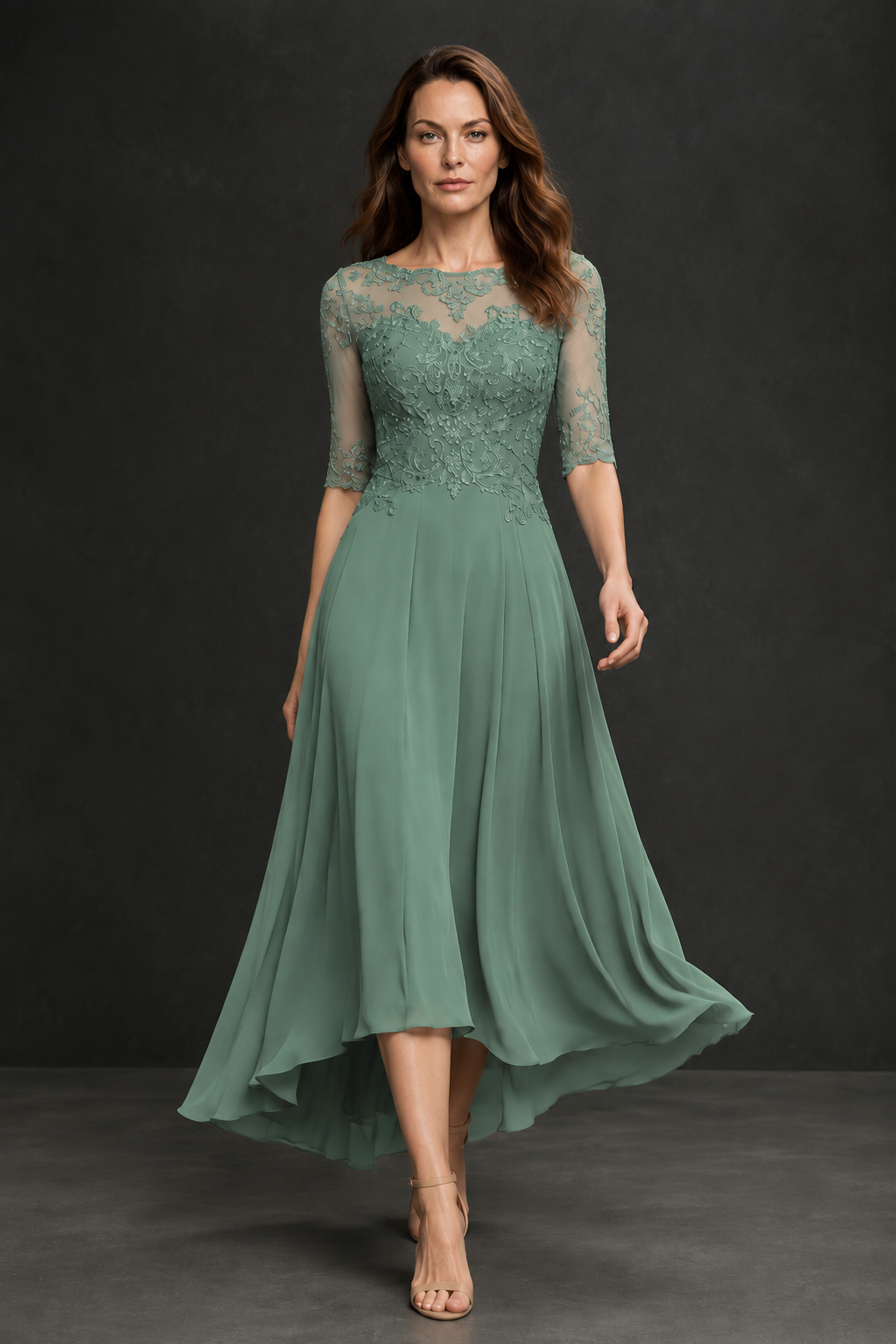 BOLODOO Eucalyptus Illusion Lace 3/4 Sleeve Hi-Lo Chiffon A-Line Dress | Mother of the Bride Tea Length Dress - Eucalyptus