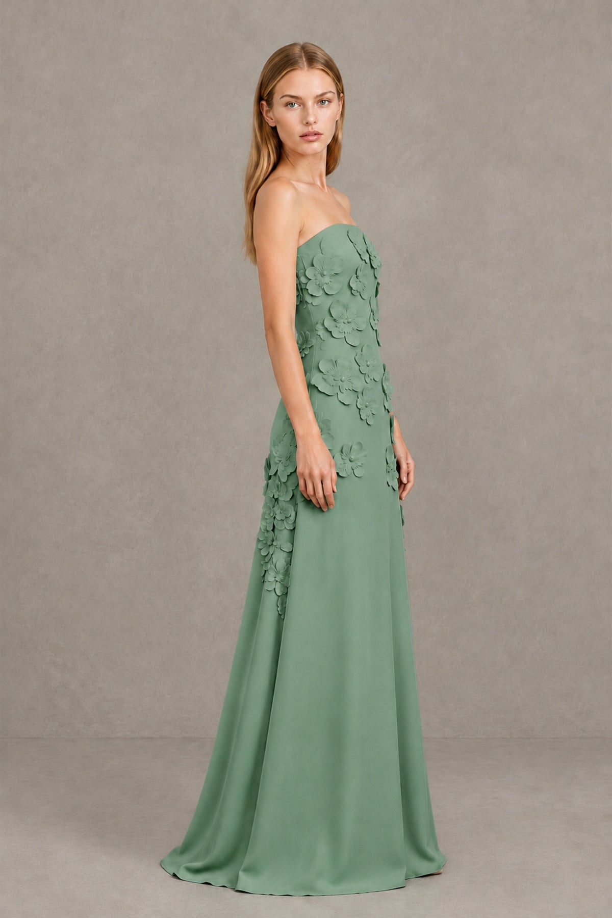 BOLODOO Eucalyptus Strapless 3D Floral Appliqué Crepe Maxi Gown - Eucalyptus - Eucalyptus_3