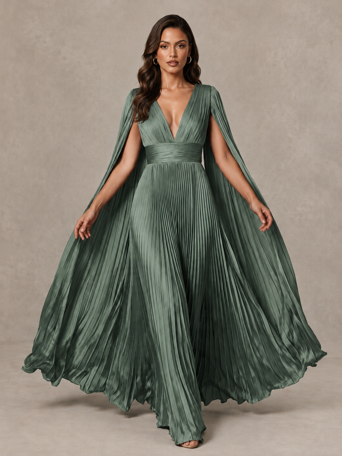 BOLODOO Eucalyptus Deep V-Neck Pleated Cape Sleeve Evening Gown - Eucalyptus - Eucalyptus_3