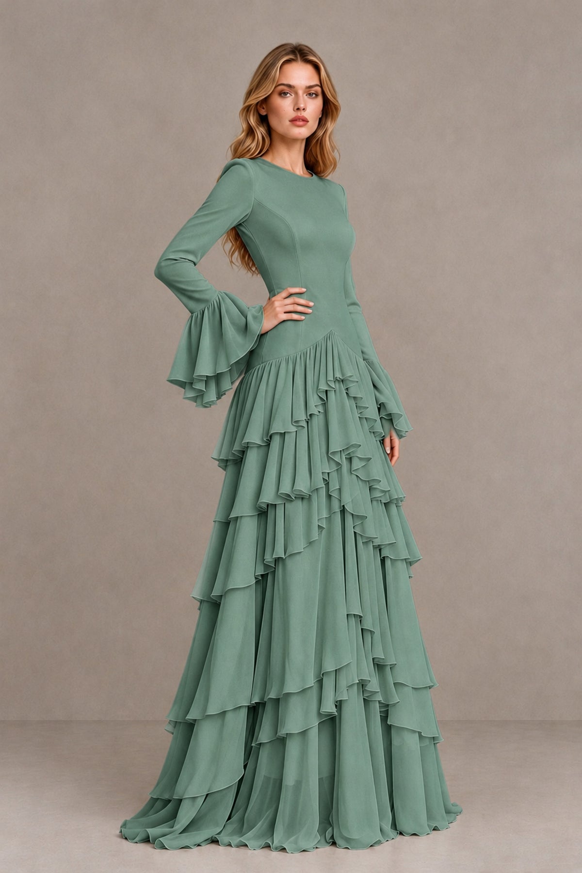 Eucalyptus Long Sleeve Tiered Ruffle Evening Gown - Eucalyptus - Eucalyptus_3