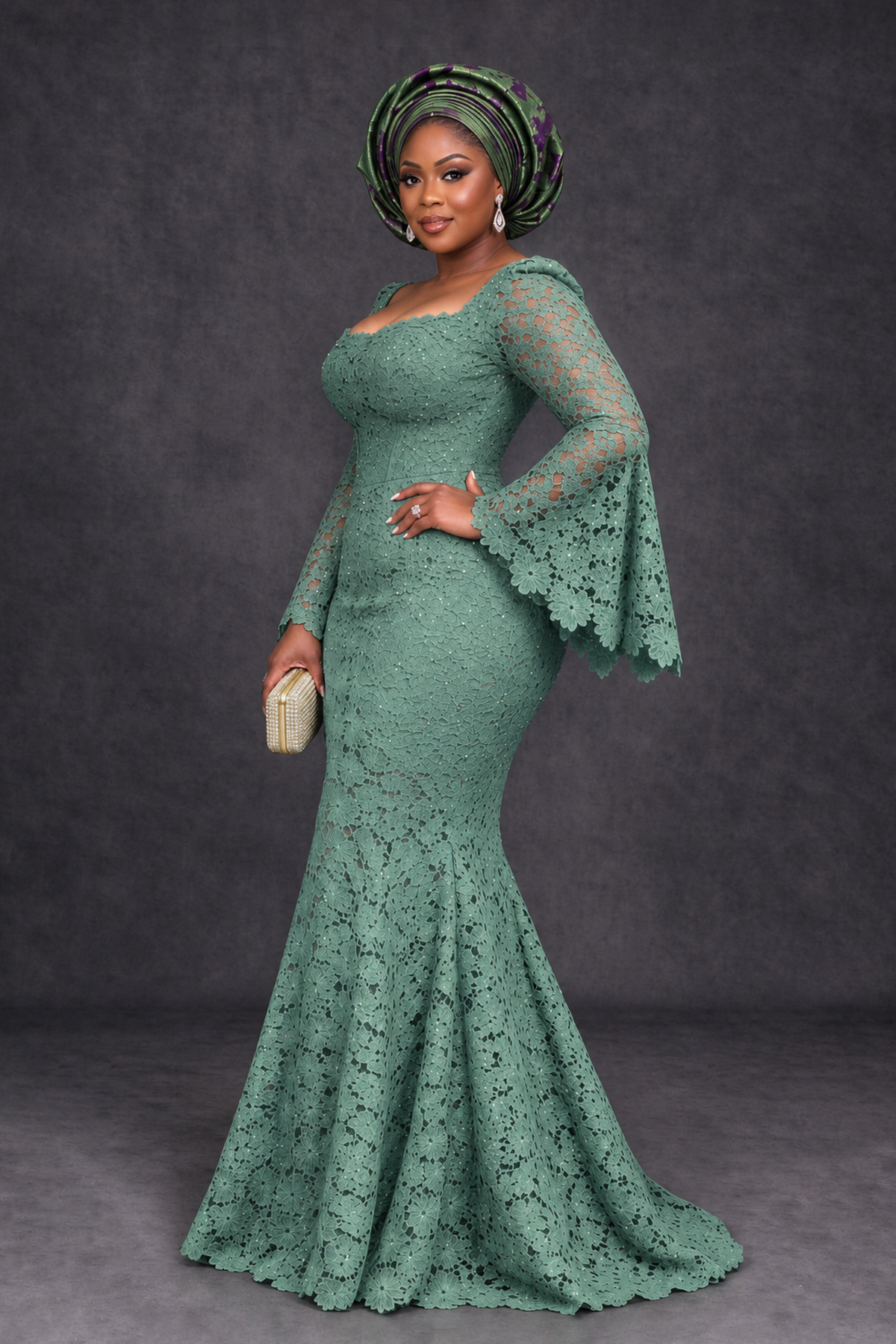 BOLODOO Eucalyptus African Lace Mermaid Dress, Plus Size Nigerian Wedding Guest Gown with Bell Sleeves - Eucalyptus - Eucalyptus_3