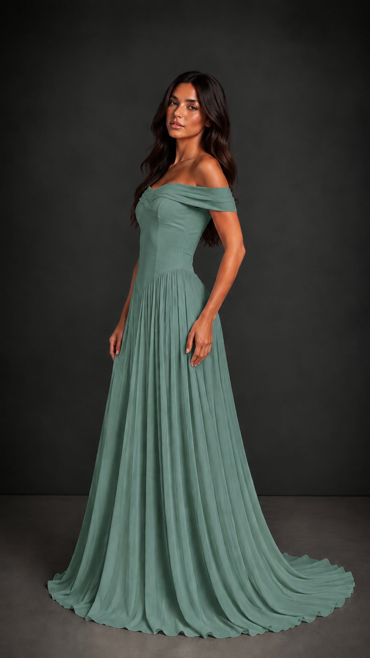 BOLODOO Eucalyptus Off-Shoulder Sweetheart Corset Pleated Chiffon Maxi Dress - Eucalyptus